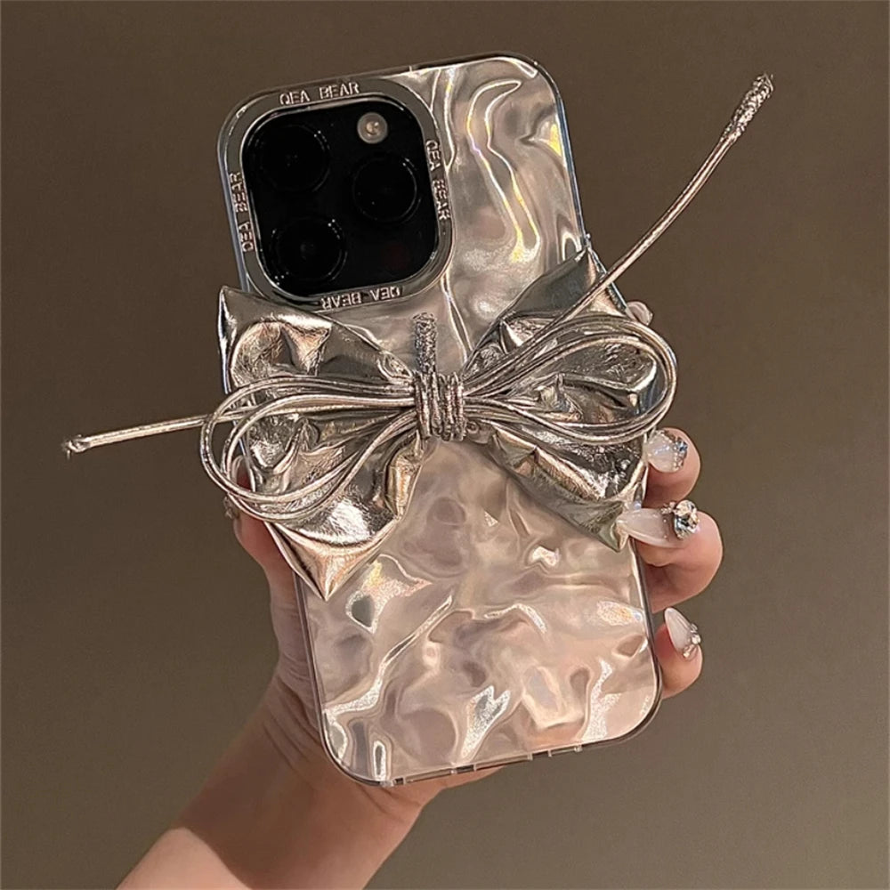 3D Silver Bow Laser iPhone Case – Artistic Silicone Cover