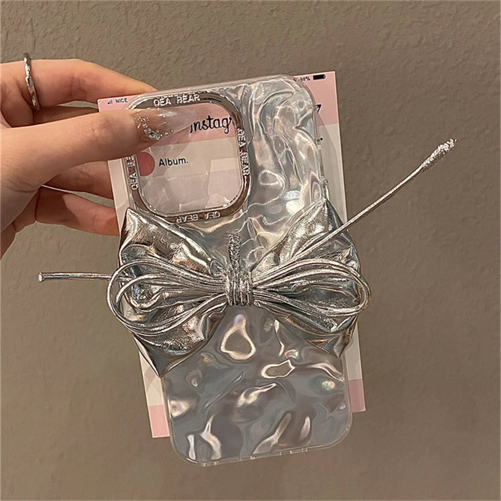 3D Silver Bow Laser iPhone Case – Artistic Silicone Cover