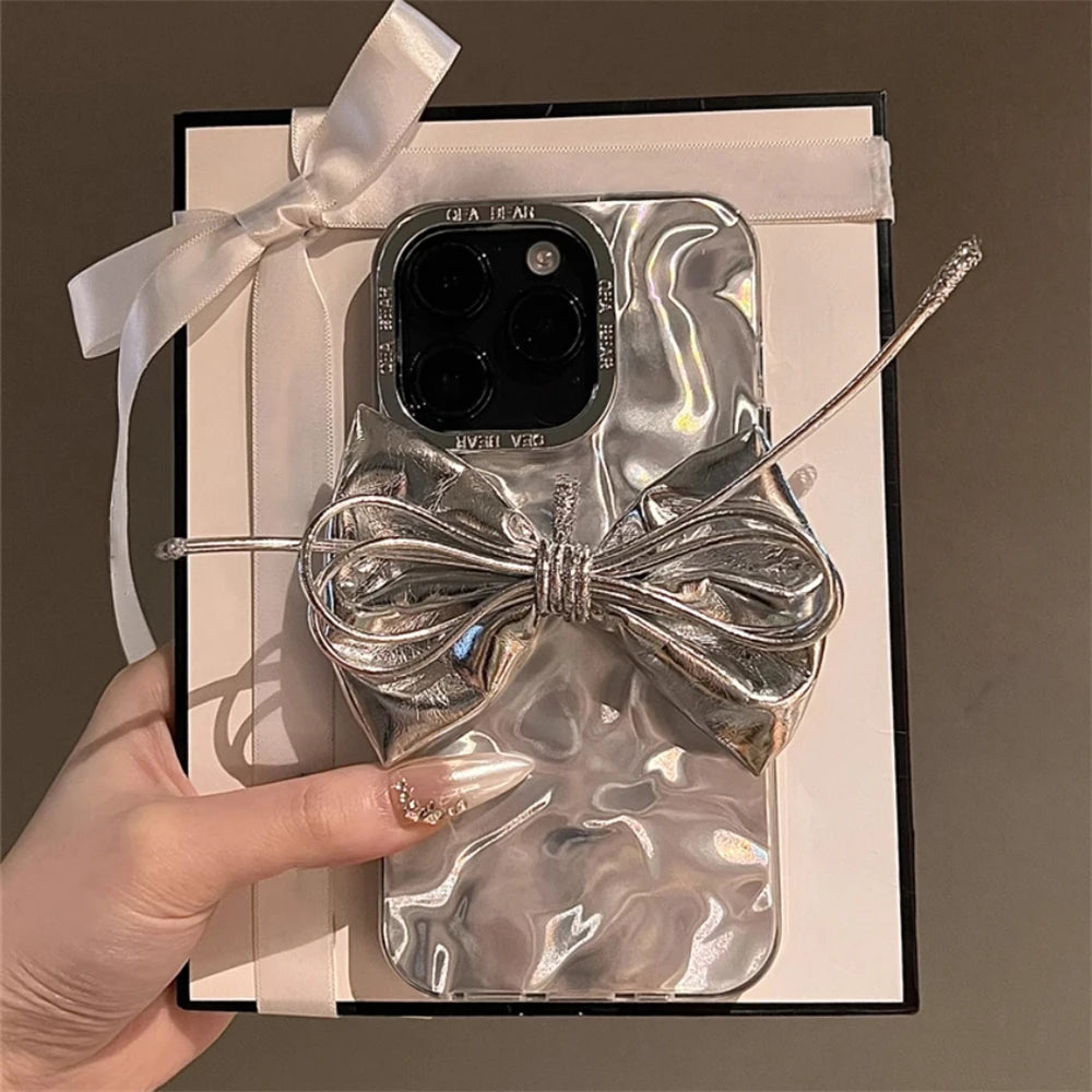 3D Silver Bow Laser iPhone Case – Artistic Silicone Cover