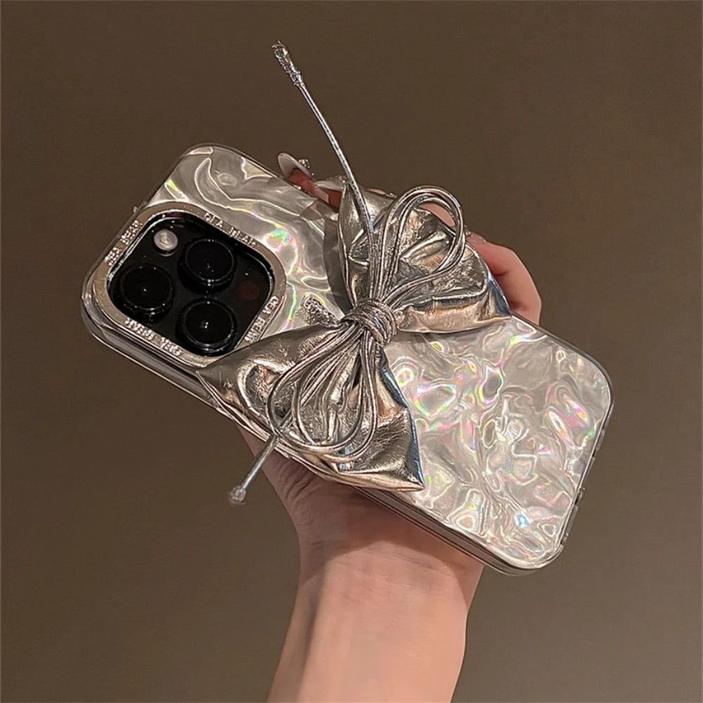 3D Silver Bow Laser iPhone Case – Artistic Silicone Cover