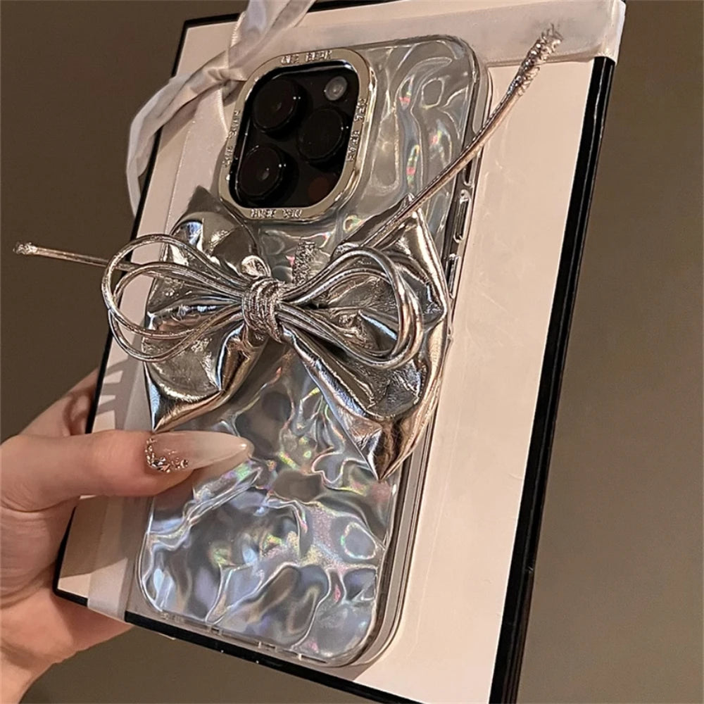 3D Silver Bow Laser iPhone Case – Artistic Silicone Cover