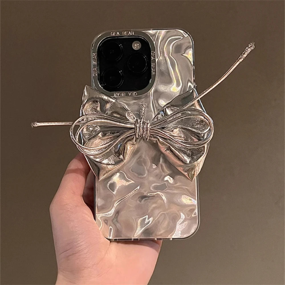 3D Silver Bow Laser iPhone Case – Artistic Silicone Cover